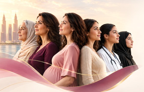 Women of different ages and stages of life, with the Abu Dhabi skyline behind them